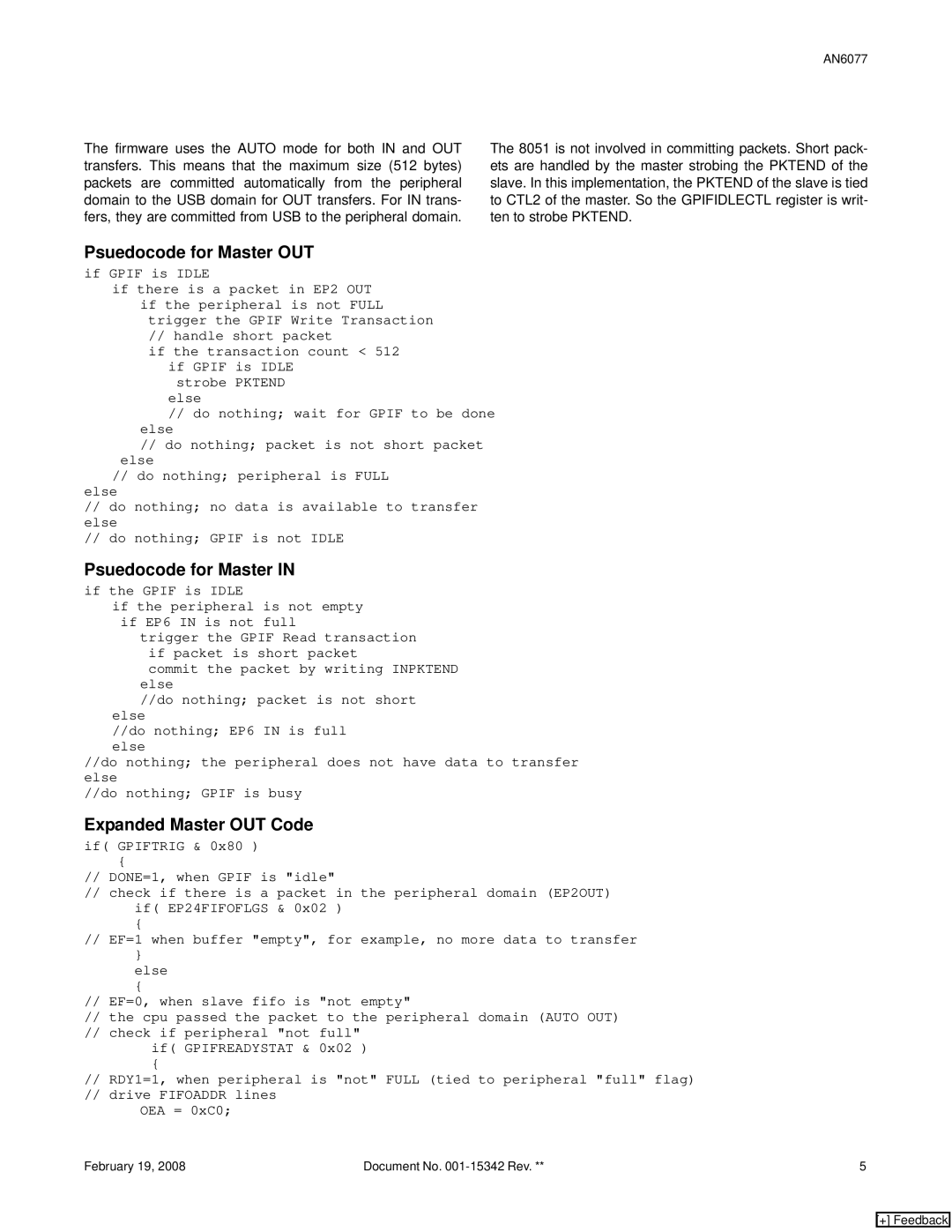 Cypress FX2LP, AN6077 manual Psuedocode for Master OUT, Expanded Master OUT Code 