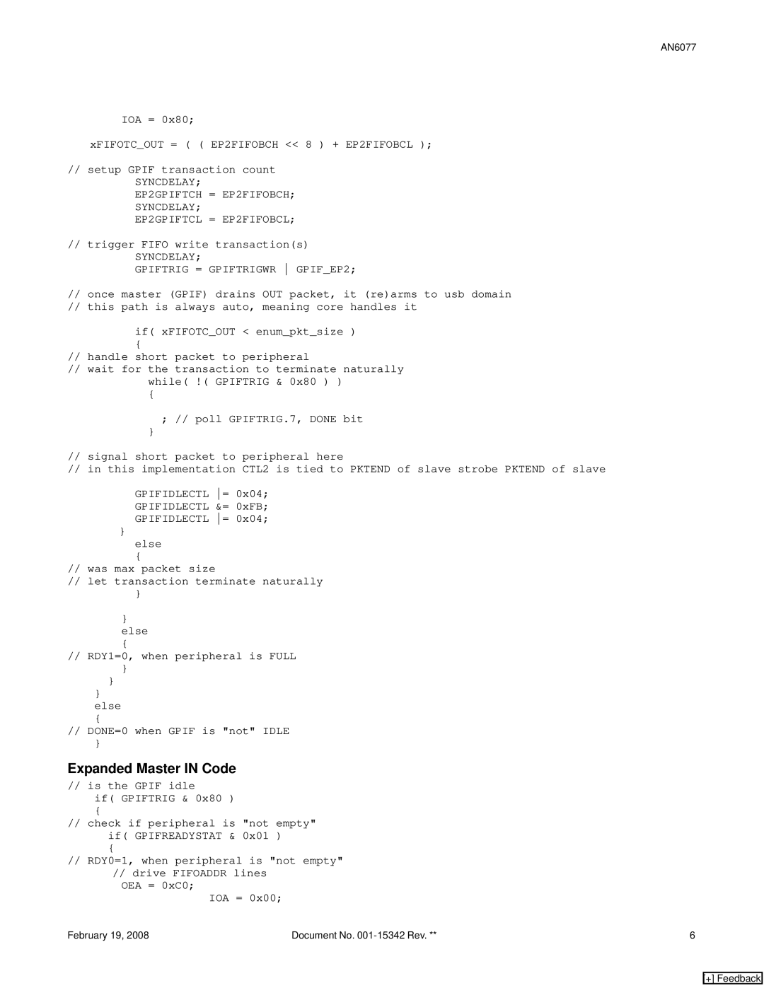 Cypress AN6077, FX2LP manual Expanded Master in Code, Syncdelay Gpiftrig = Gpiftrigwr GPIFEP2 