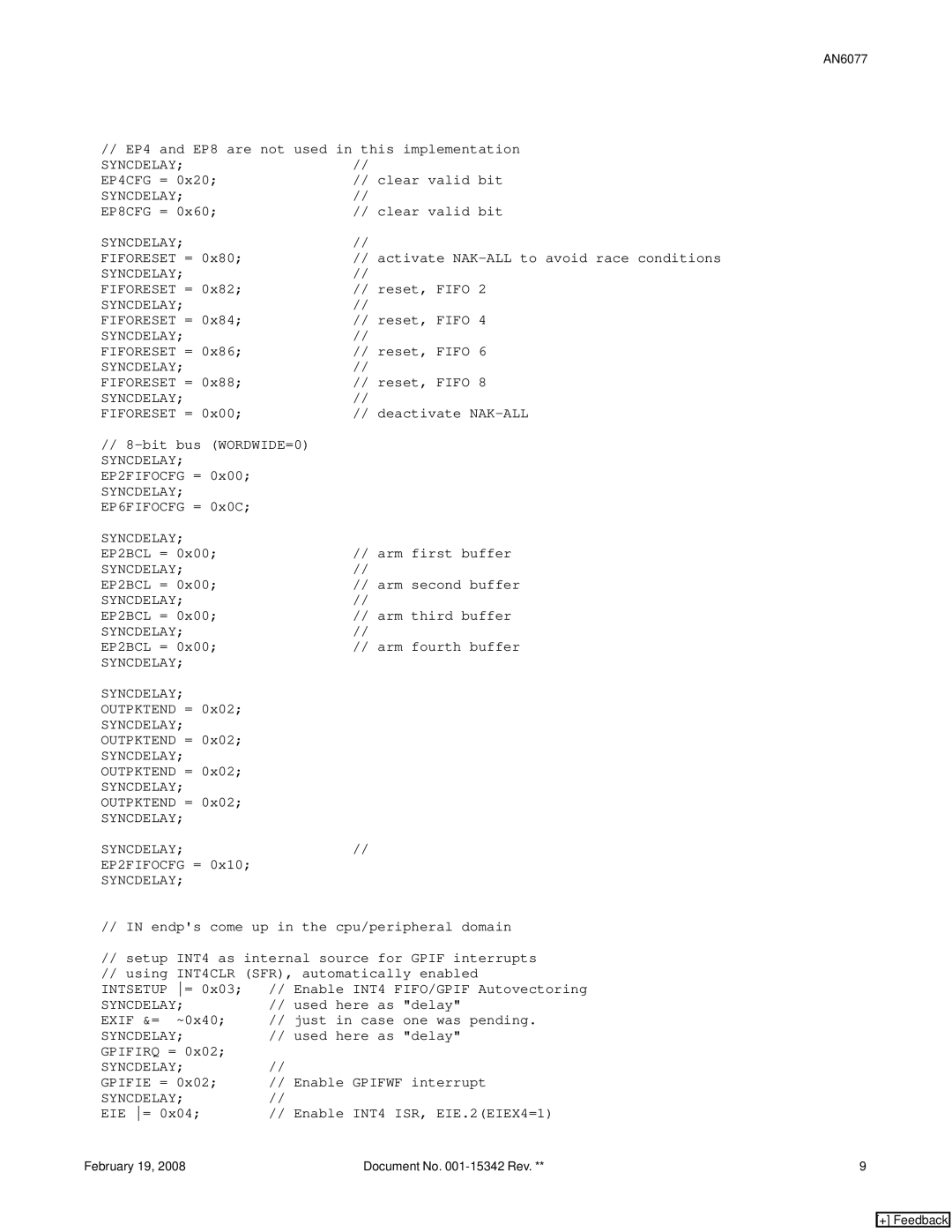 Cypress FX2LP, AN6077 manual EP4 and EP8 are not used in this implementation 