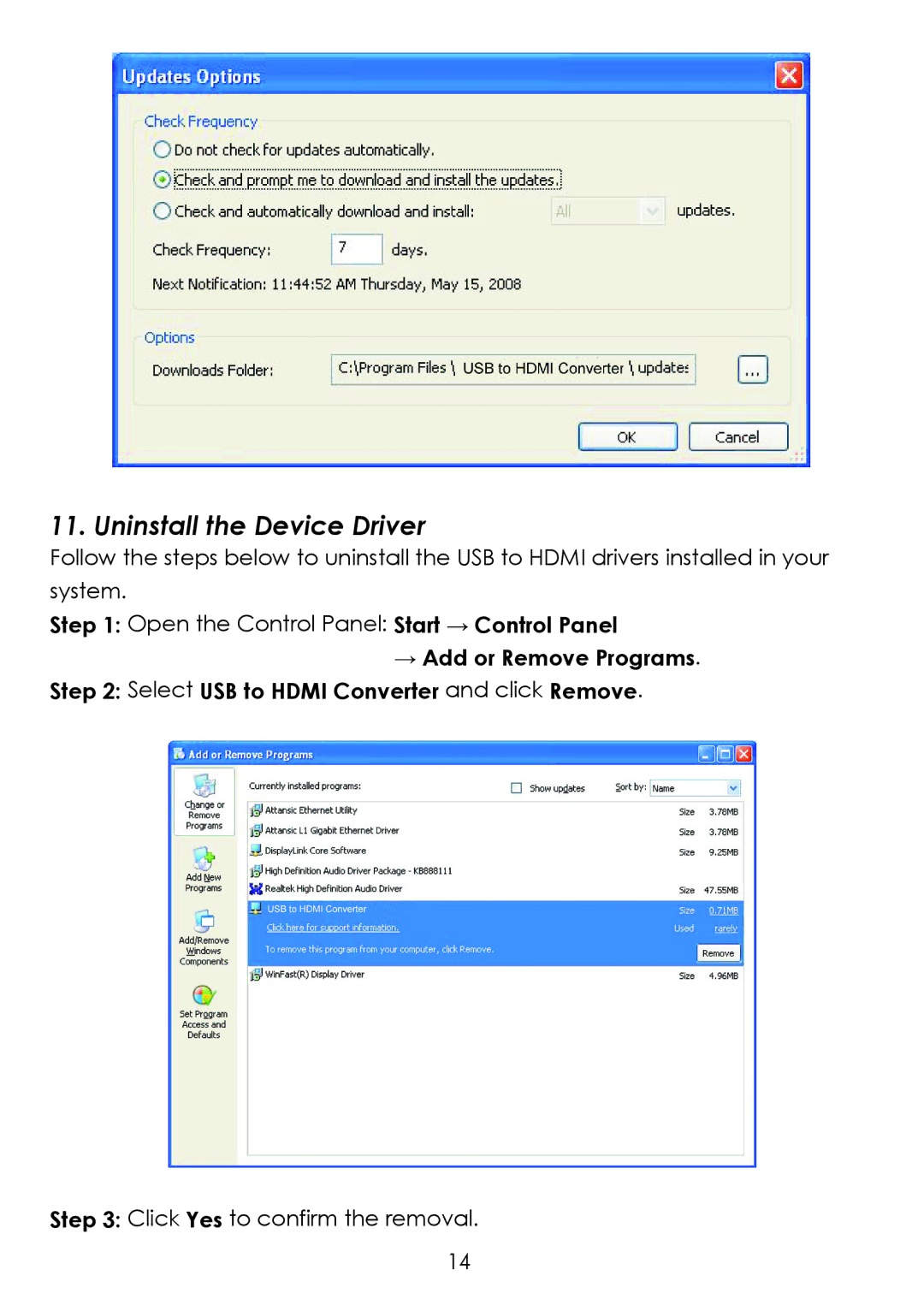 Cypress CDL-160ETH operation manual Uninstall the Device Driver 