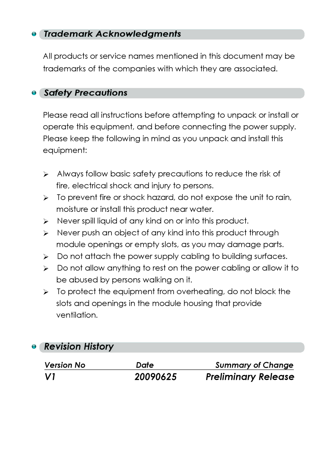 Cypress CDL-160ETH operation manual Revision History, 20090625 