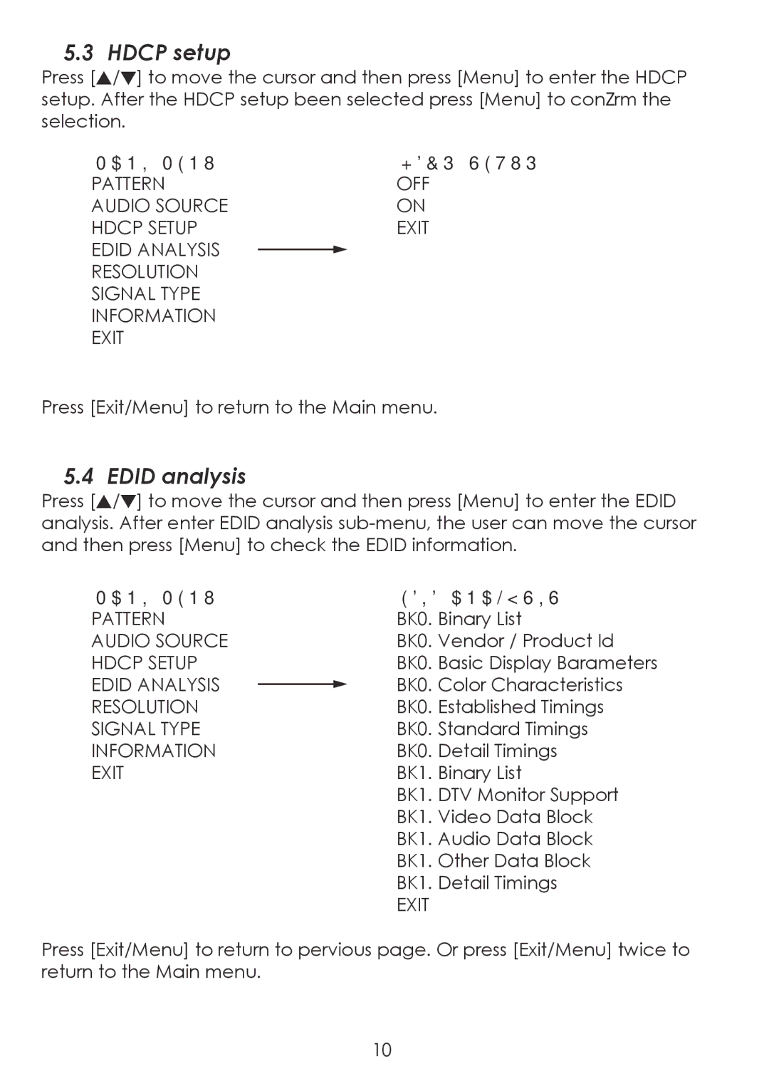 Cypress CPA-3 operation manual Hdcp setup, Edid analysis, Mani Menu Hdcp Setup, Mani Menu Edid Analysis 