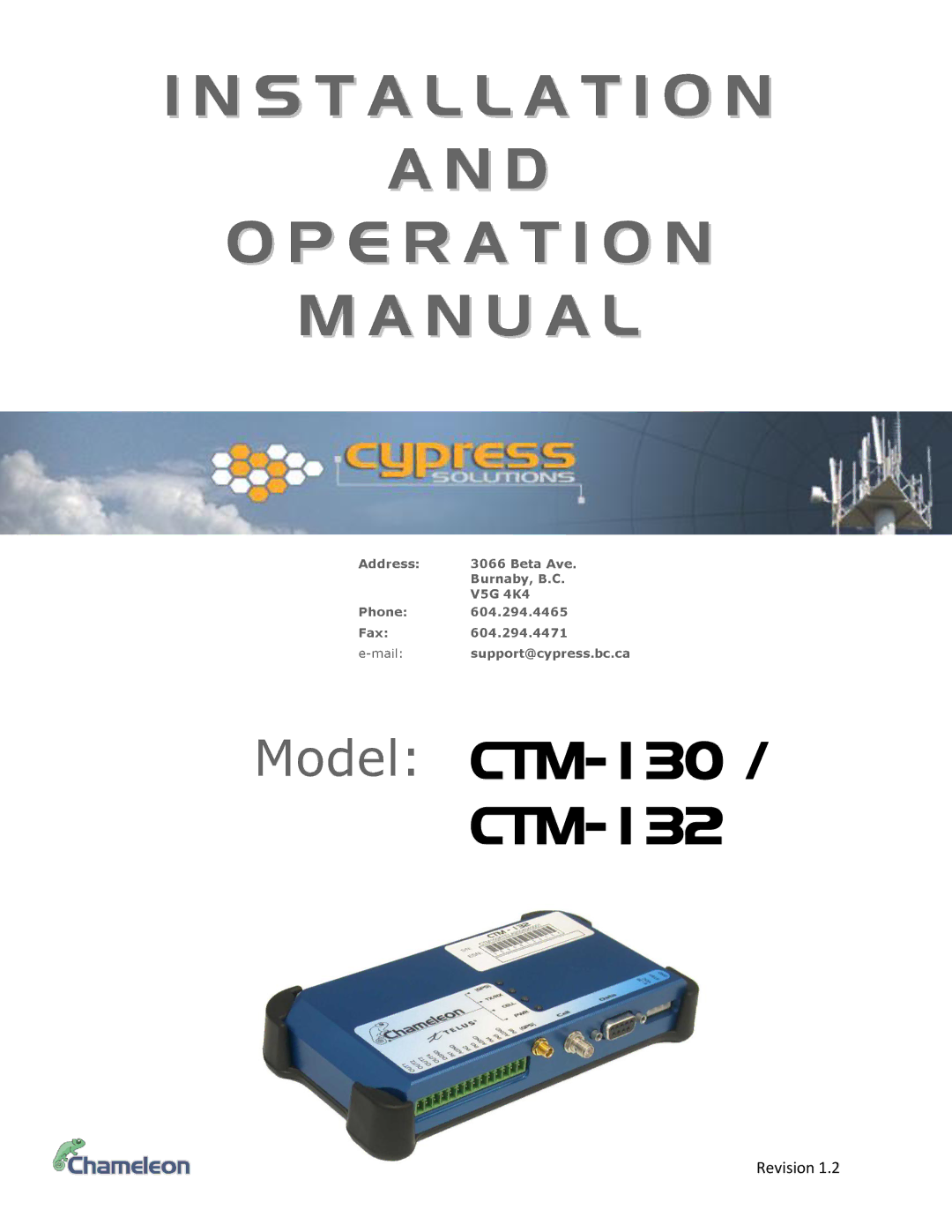 Cypress CTM-130 manual Installation E R a T I O N N U a L 