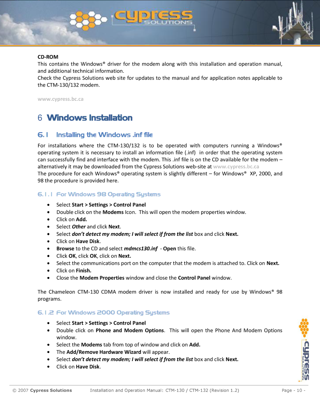 Cypress CTM-130 manual Windows Installation, Installing the Windows .inf file, Select Start Settings Control Panel 