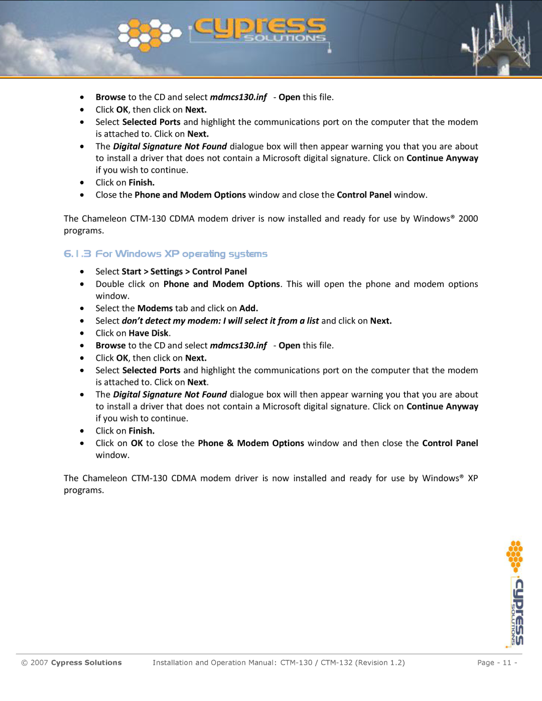 Cypress CTM-130 manual For Windows XP operating systems 