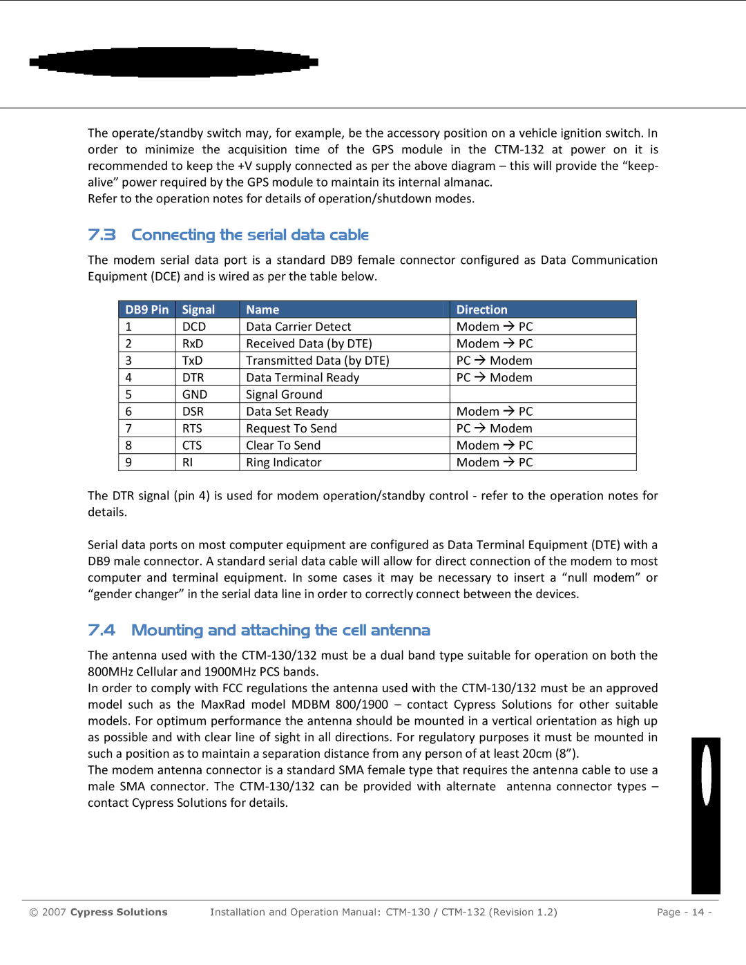 Cypress CTM-130 manual Connecting the serial data cable, Mounting and attaching the cell antenna 