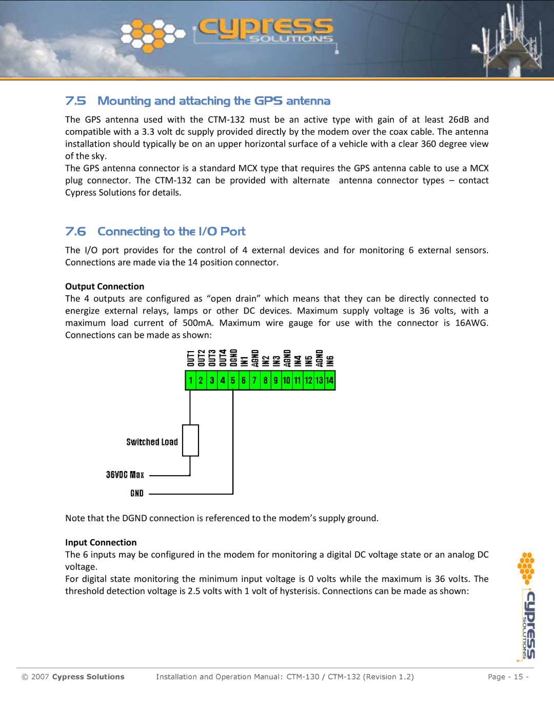 Cypress CTM-130 Mounting and attaching the GPS antenna, Connecting to the I/O Port, Output Connection, Input Connection 