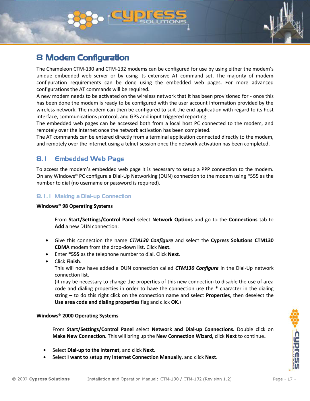 Cypress CTM-130 manual Modem Configuration, Embedded Web 