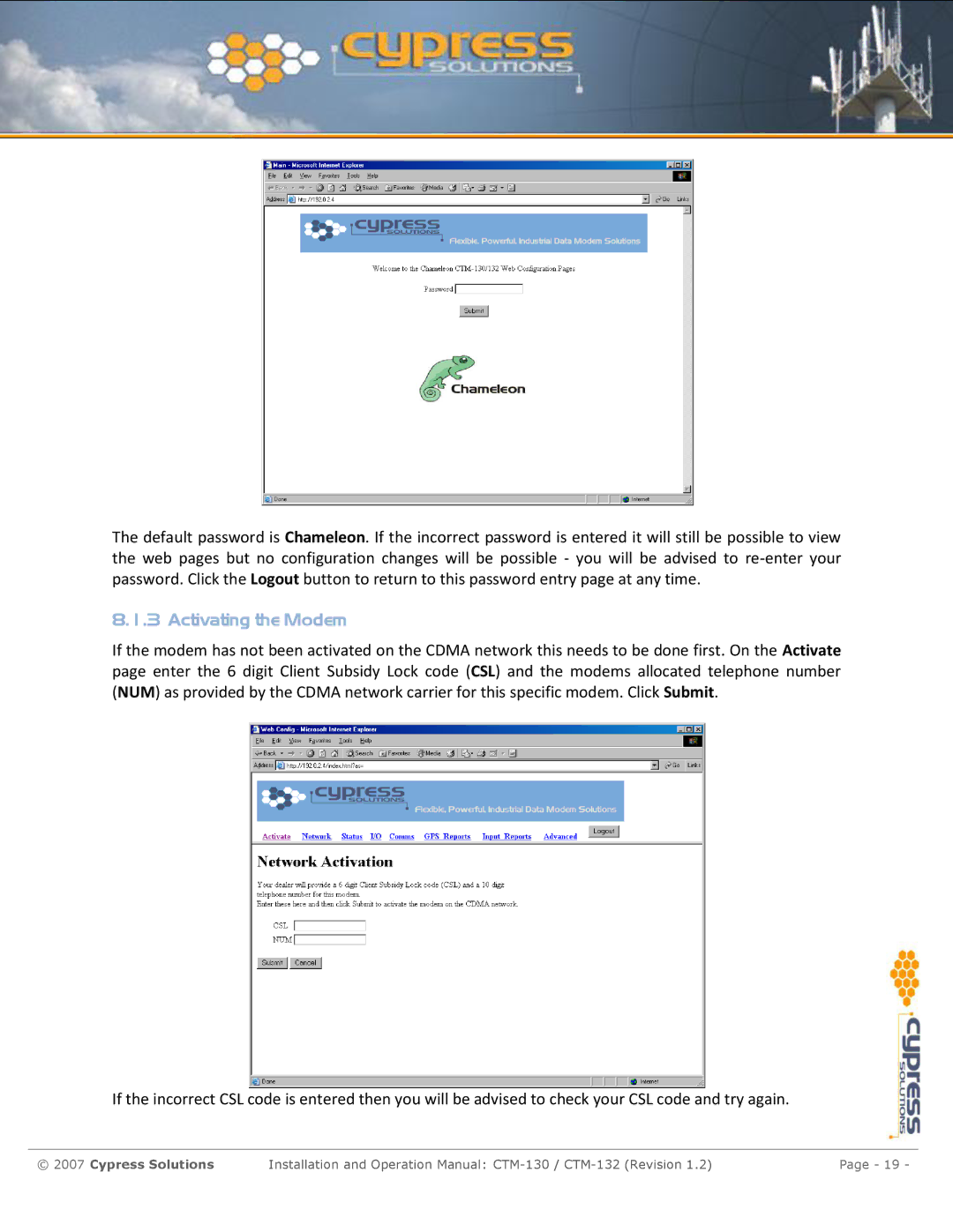 Cypress CTM-130 manual Activating the Modem 