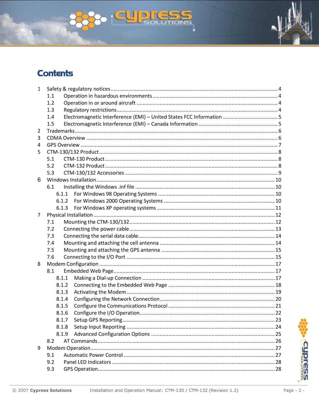 Cypress CTM-130 manual Contents 