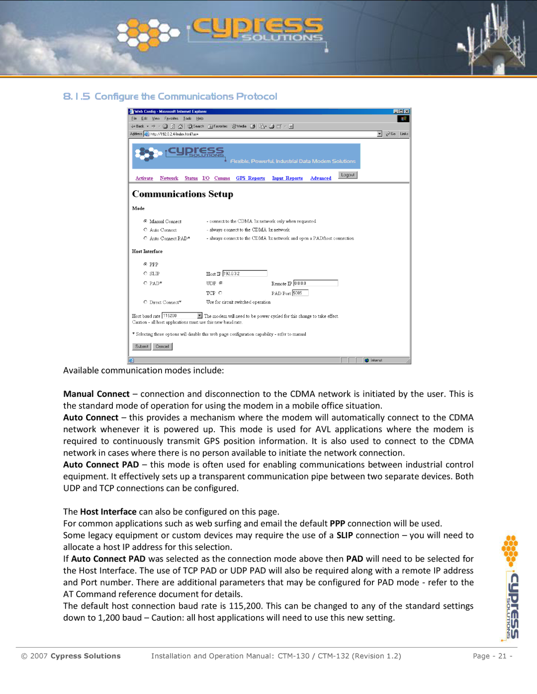 Cypress CTM-130 manual Configure the Communications Protocol 