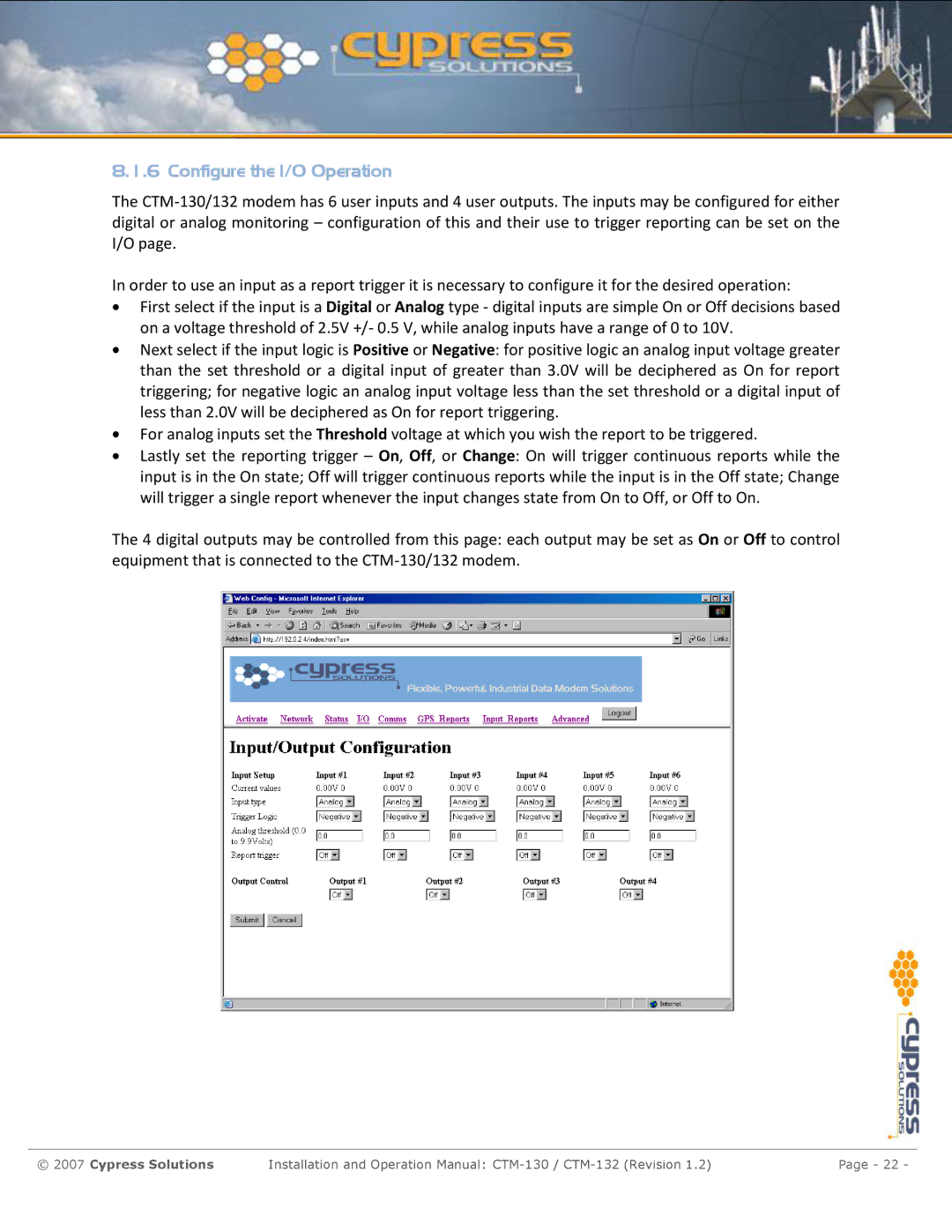 Cypress CTM-130 manual Configure the I/O Operation 