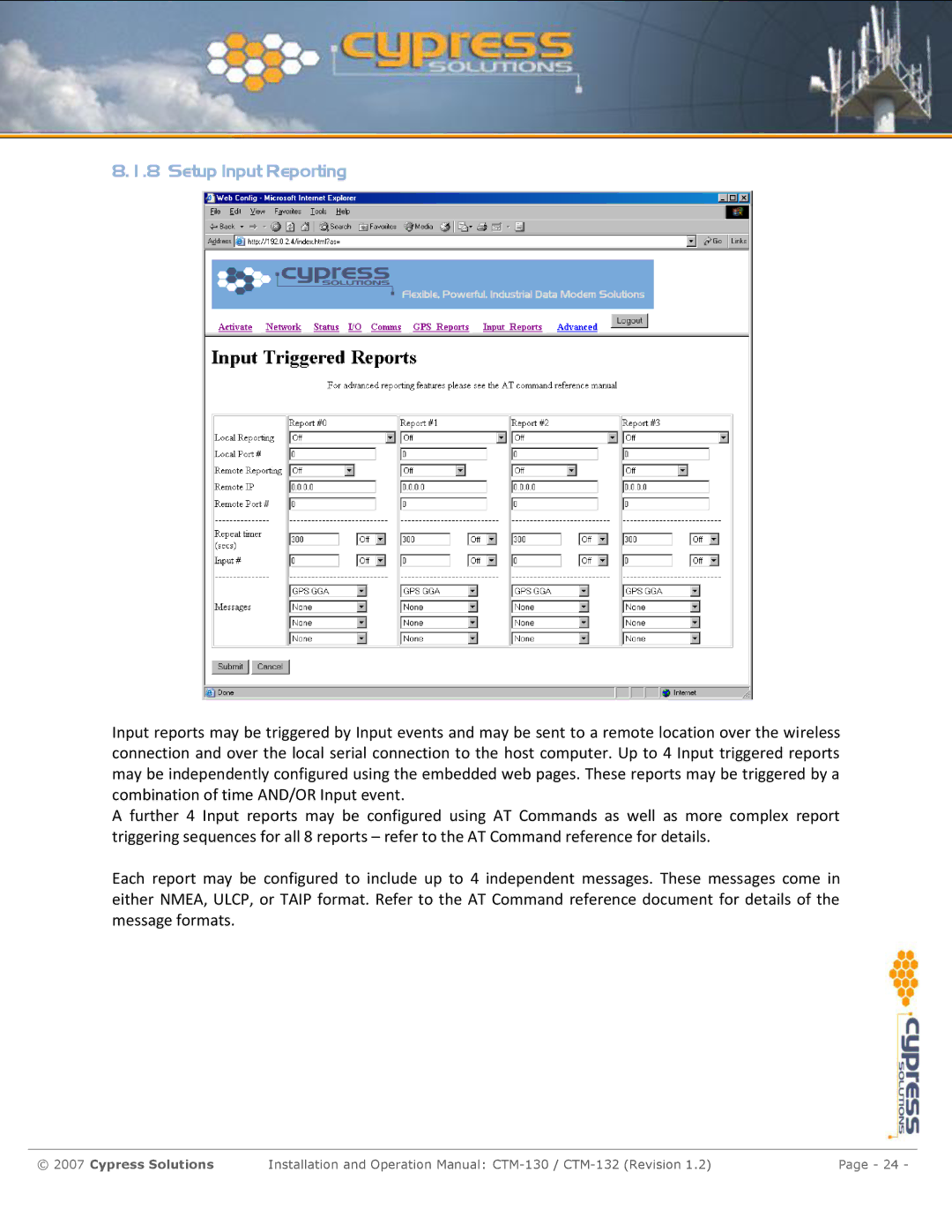 Cypress CTM-130 manual Setup Input Reporting 