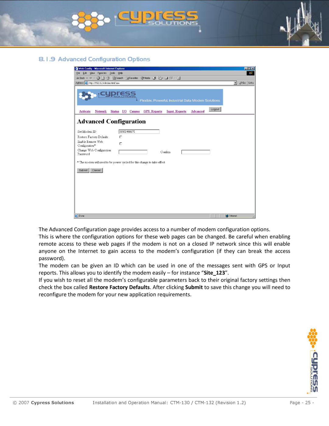 Cypress CTM-130 manual Advanced Configuration Options 