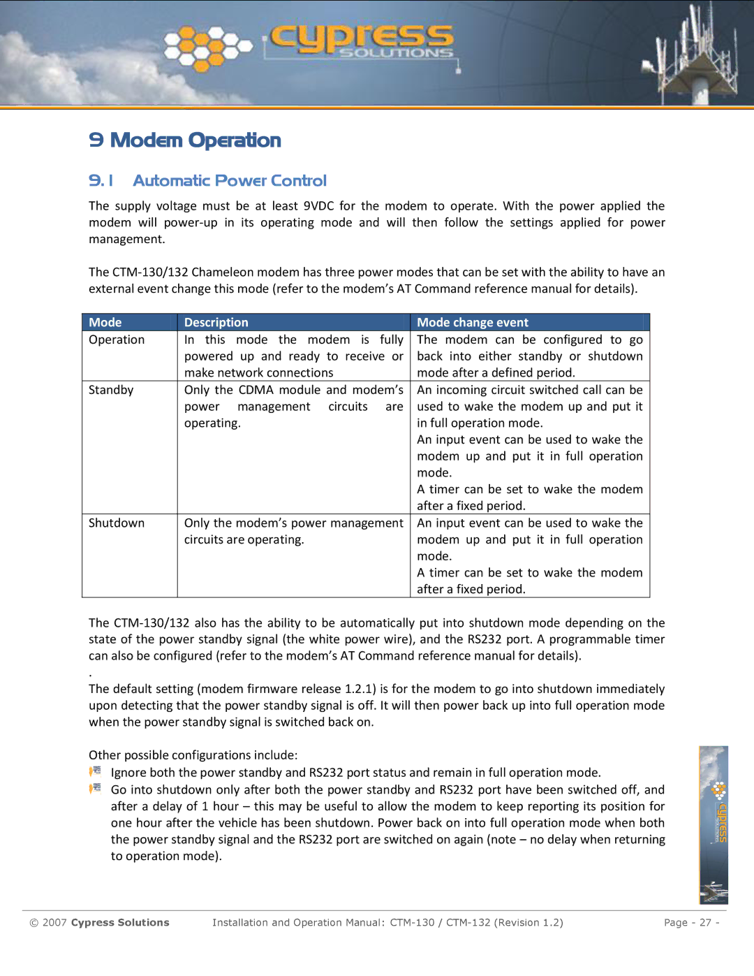 Cypress CTM-130 manual Modem Operation, Automatic Power Control 