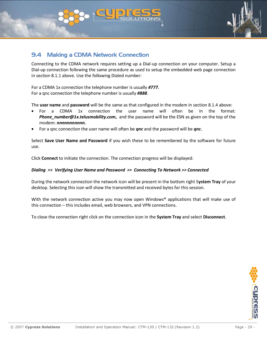 Cypress CTM-130 manual Making a Cdma Network Connection 