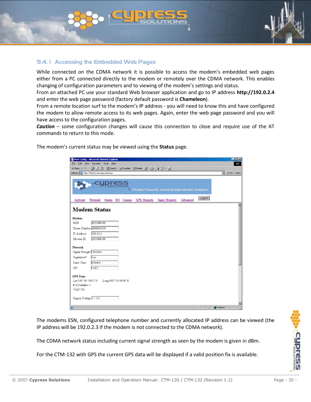 Cypress CTM-130 manual Accessing the Embedded Web Pages 