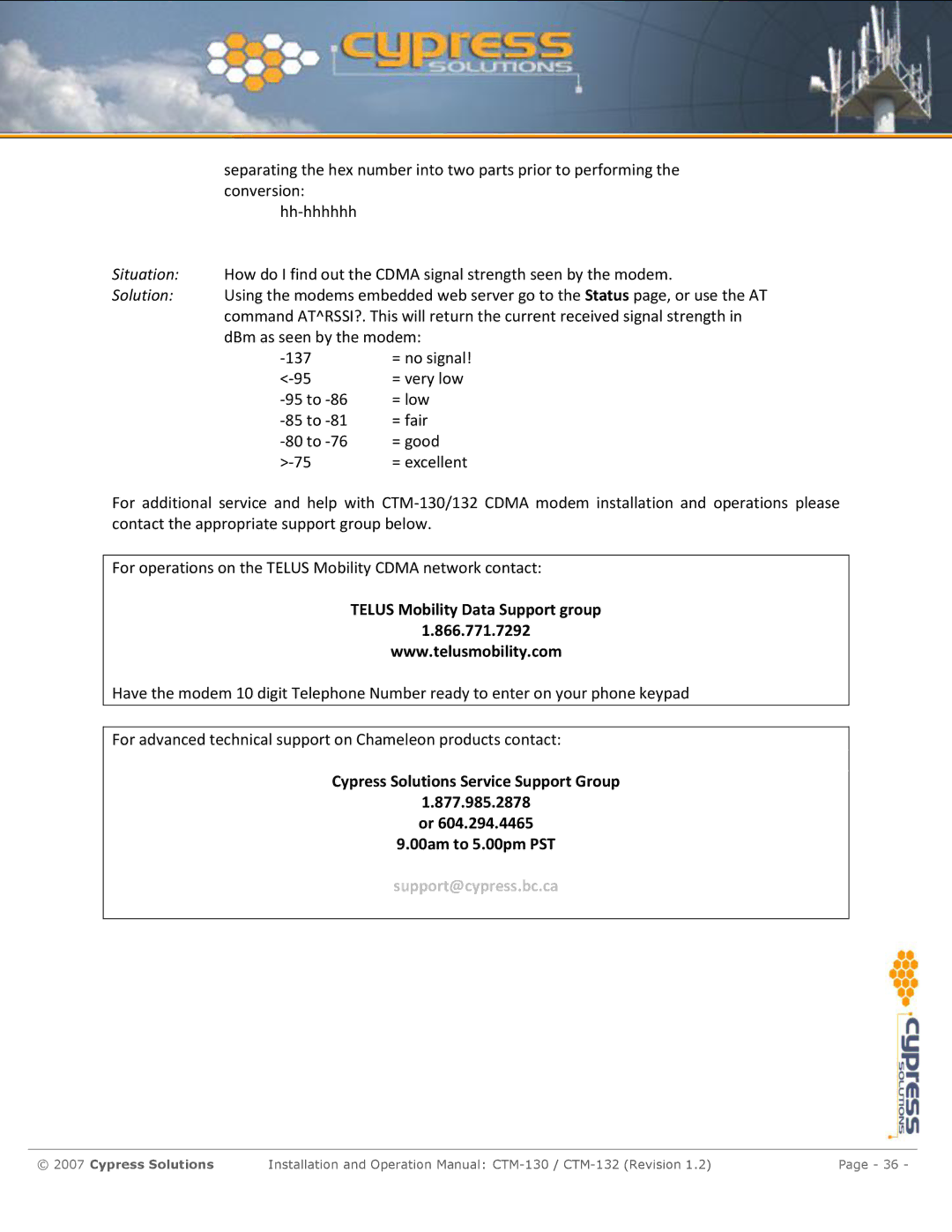 Cypress CTM-130 manual Solution, Telus Mobility Data Support group 866.771.7292 