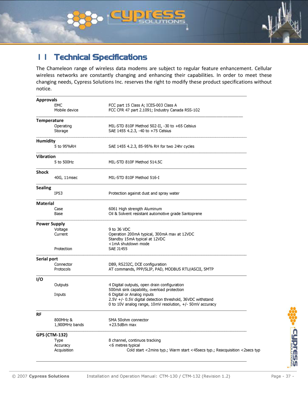 Cypress CTM-130 manual Technical Specifications, Approvals 