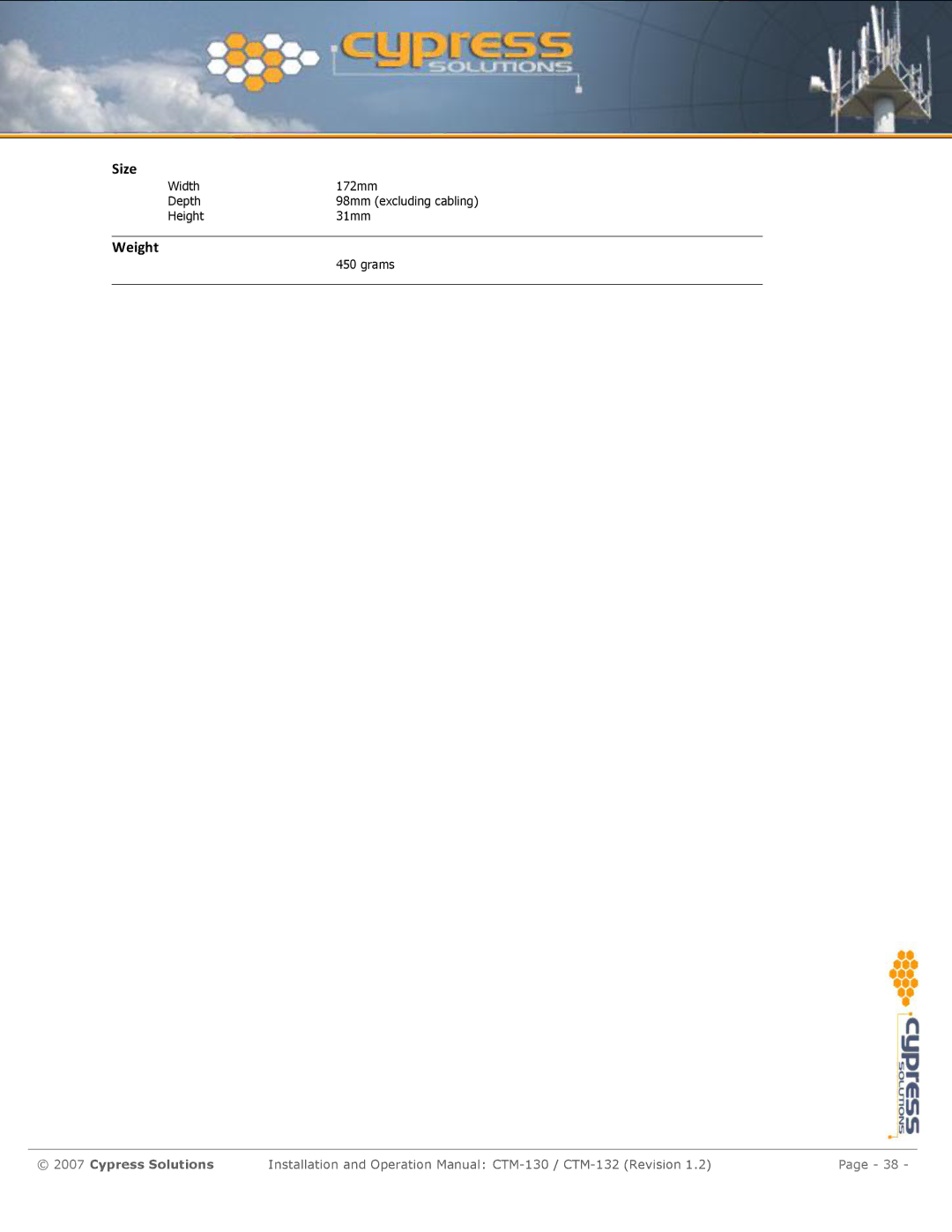 Cypress CTM-130 manual Size 