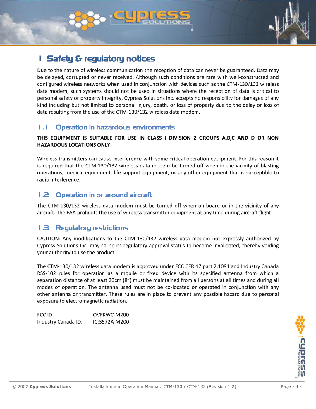 Cypress CTM-130 manual Safety & regulatory notices, Operation in hazardous environments, Operation in or around aircraft 