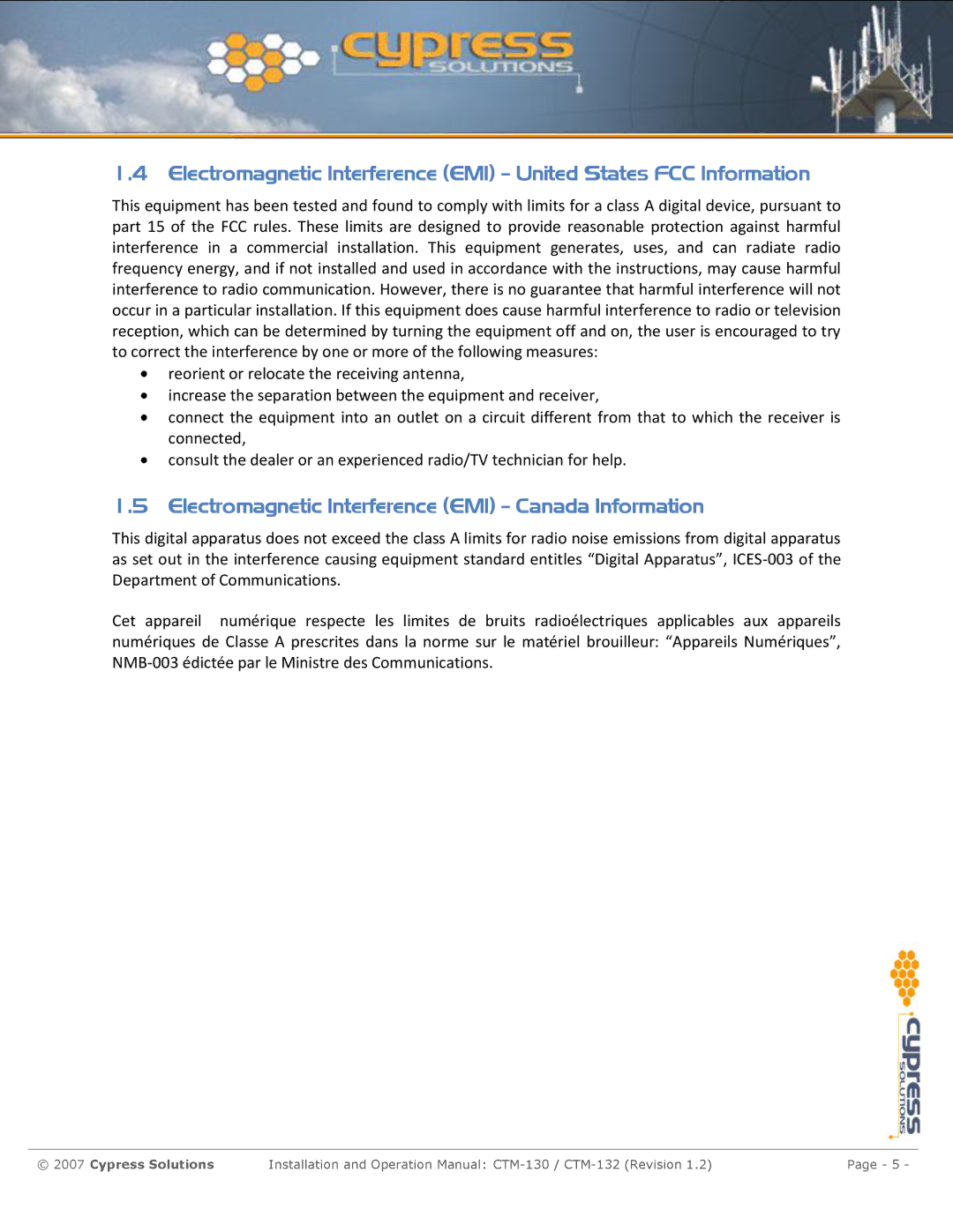 Cypress CTM-130 manual Electromagnetic Interference EMI Canada Information 