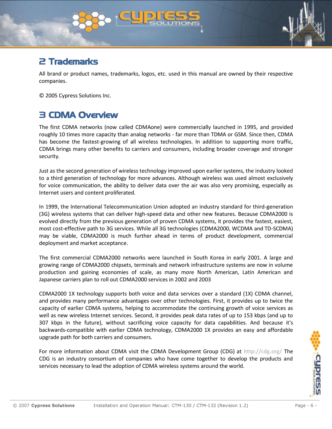 Cypress CTM-130 manual Trademarks, Cdma Overview 