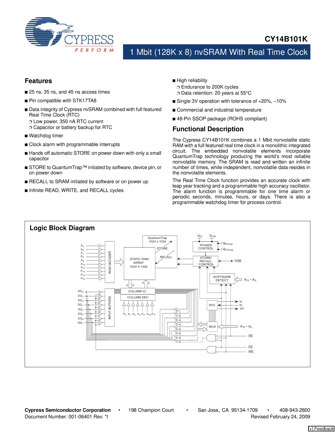 Cypress CY14B101K manual Features, Functional Description, Logic Block Diagram 