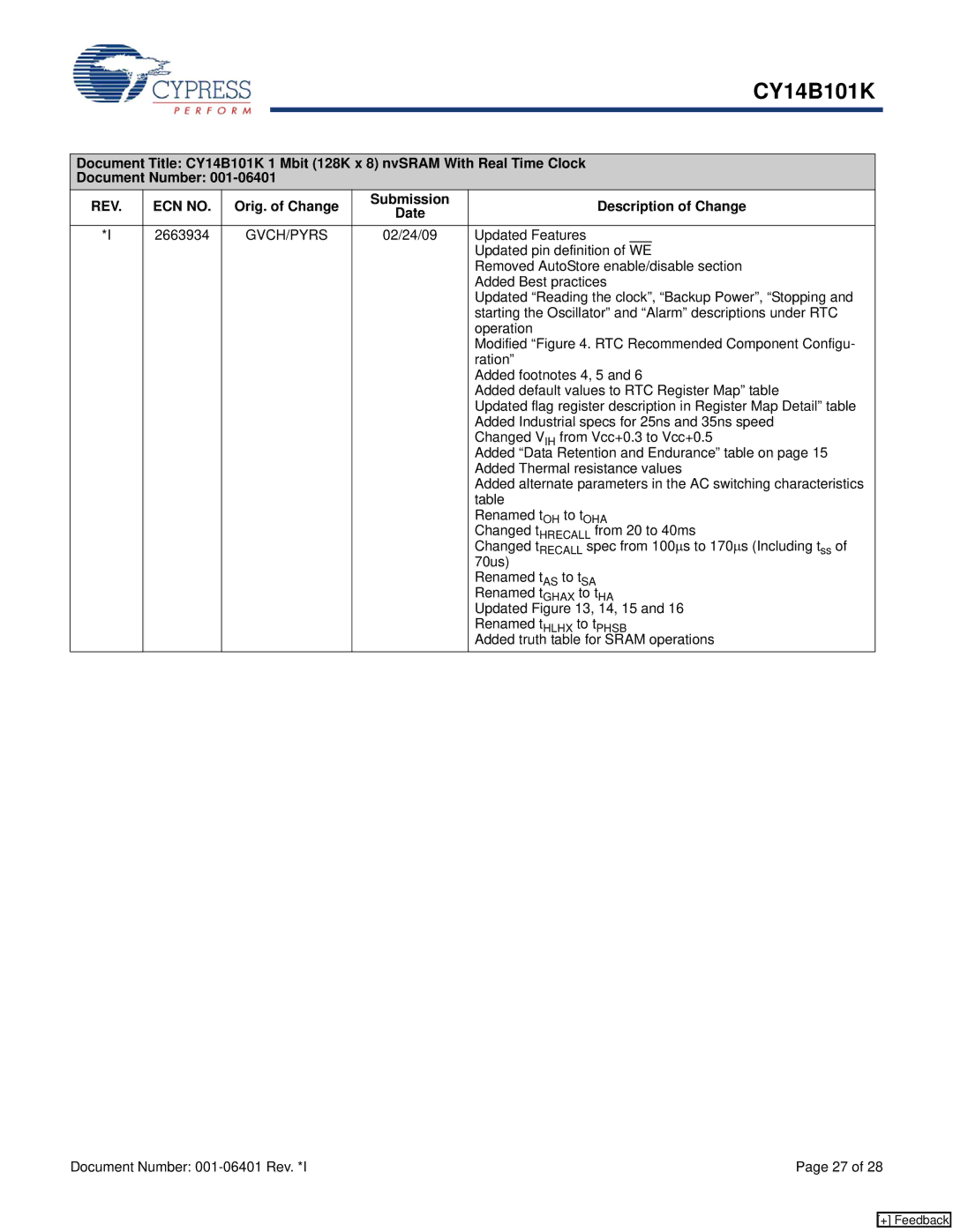 Cypress CY14B101K manual 2663934, Updated Features 