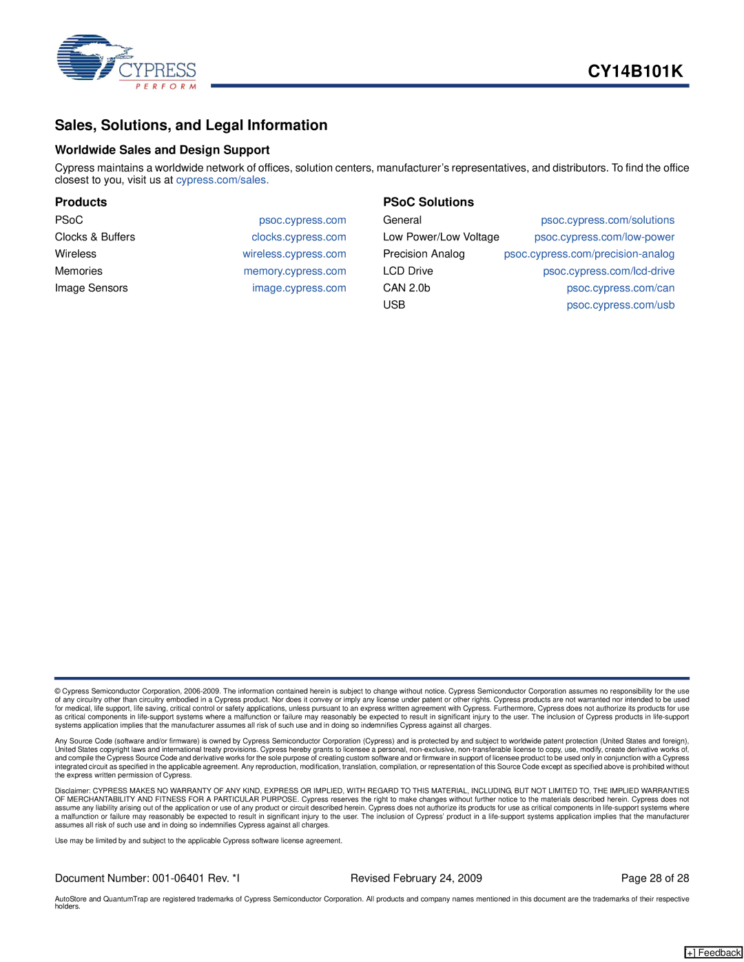 Cypress CY14B101K Sales, Solutions, and Legal Information, Worldwide Sales and Design Support Products PSoC Solutions, Usb 