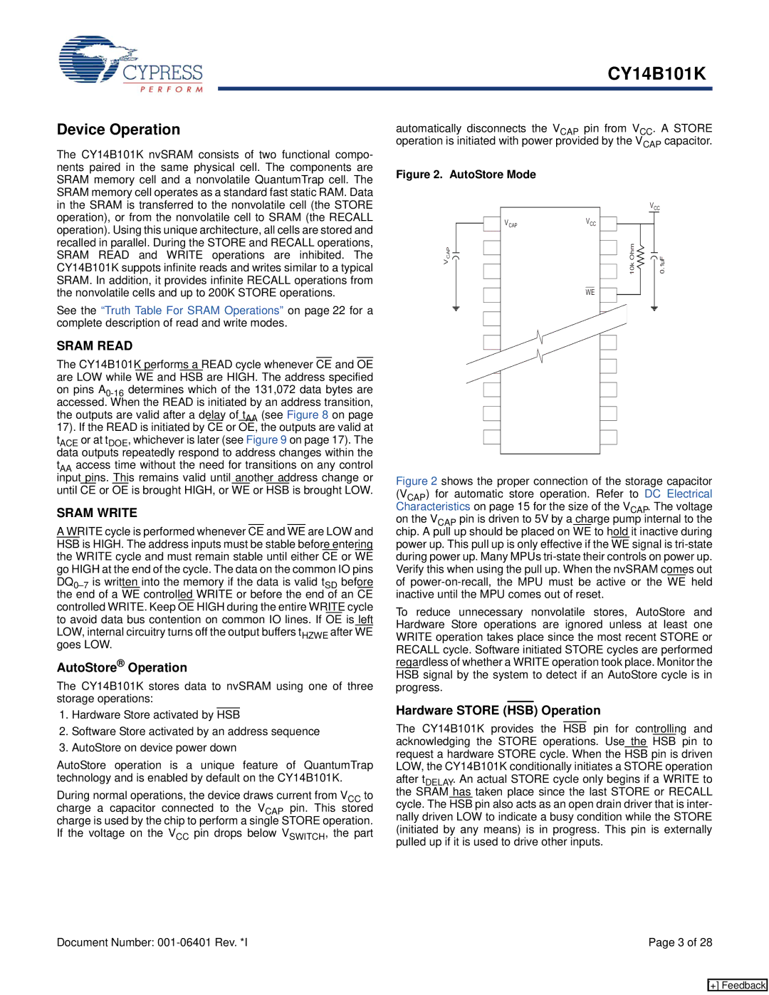 Cypress CY14B101K manual Device Operation, AutoStore Operation, Hardware Store HSB Operation 