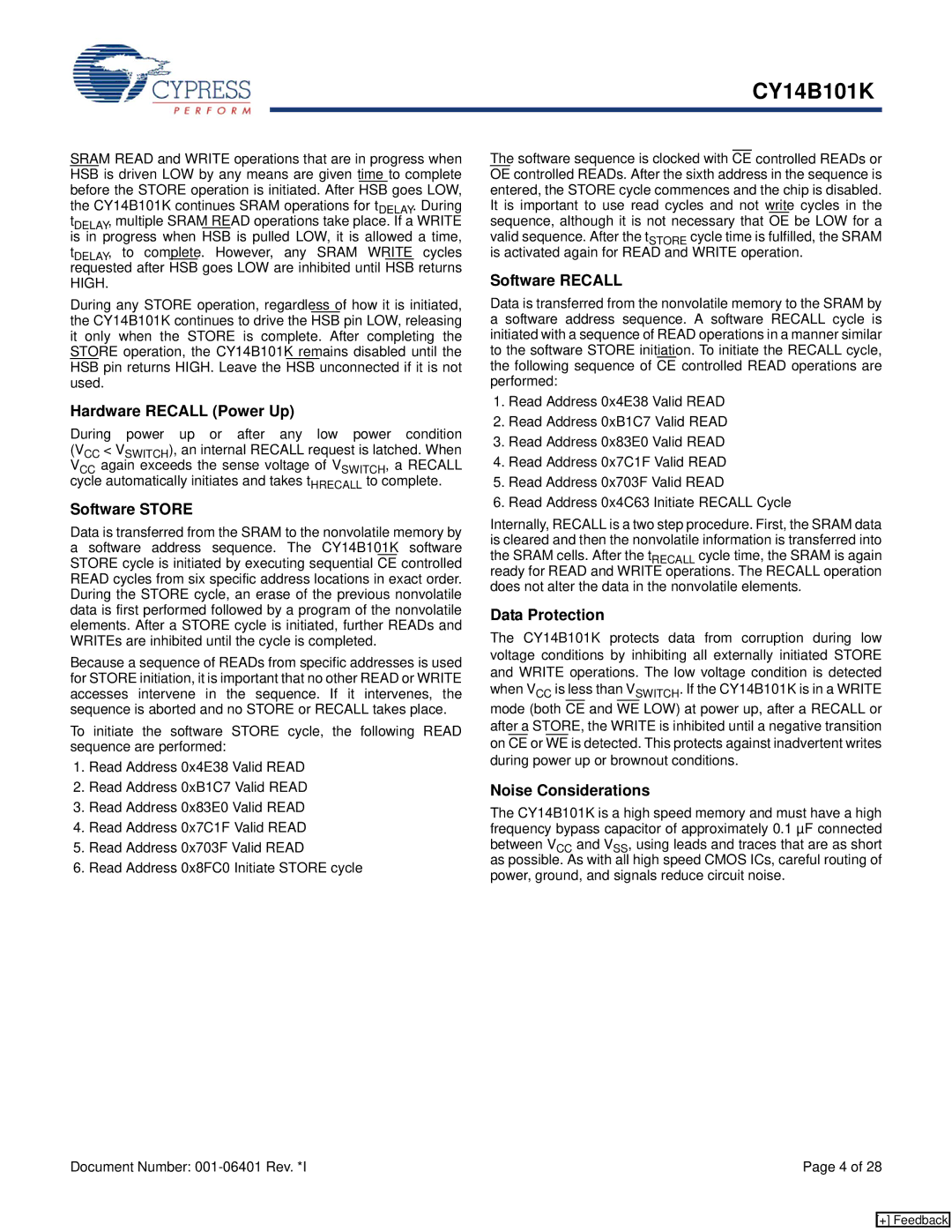 Cypress CY14B101K manual Hardware Recall Power Up, Software Store, Software Recall, Data Protection, Noise Considerations 