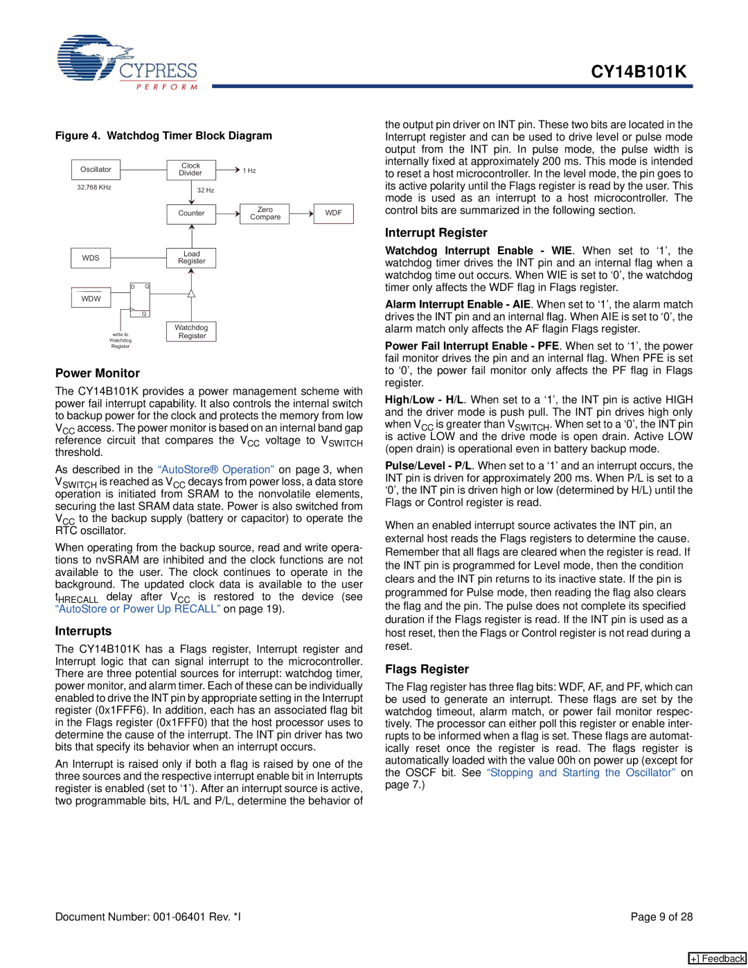 Cypress CY14B101K manual Power Monitor, Interrupts, Interrupt Register, Flags Register 