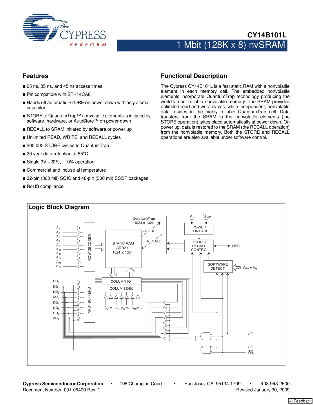 Cypress CY14B101L manual Features, Functional Description, Logic Block Diagram, Cypress Semiconductor Corporation 