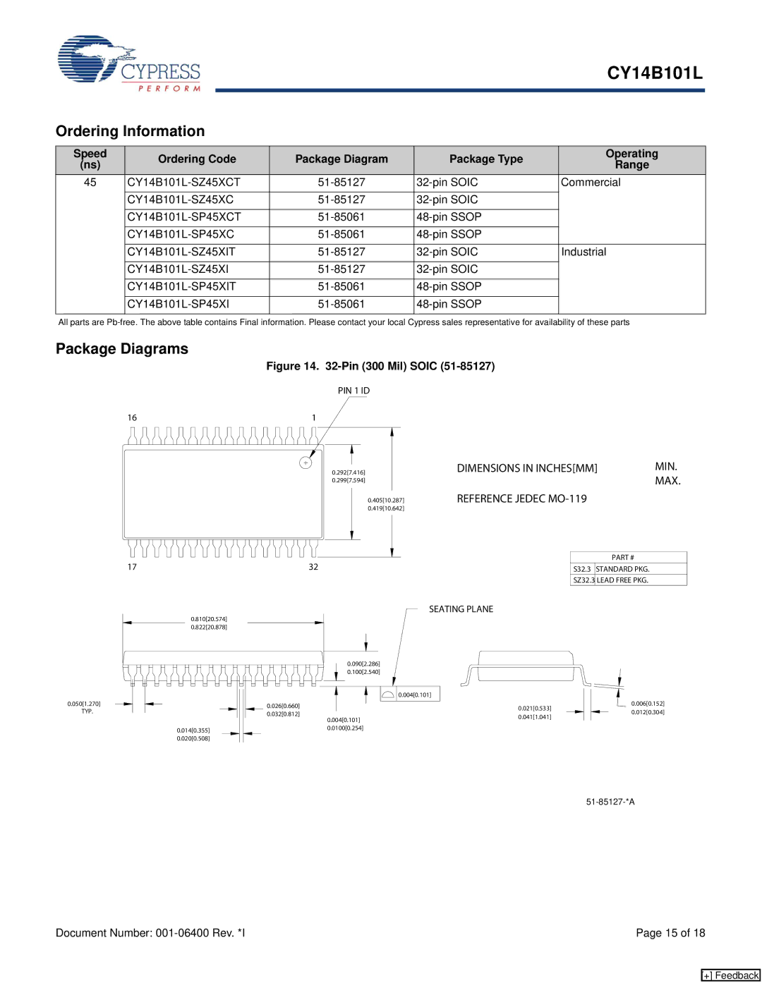 Cypress CY14B101L manual Package Diagrams, Speed Ordering Code, Package Type Operating Range 