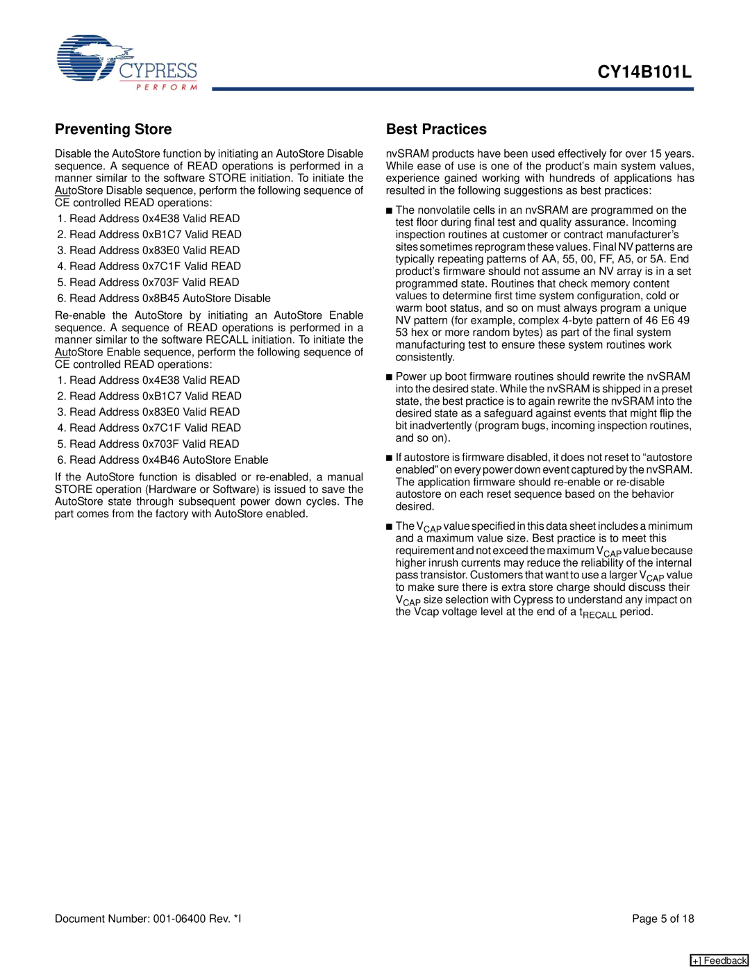 Cypress CY14B101L manual Preventing Store, Best Practices 