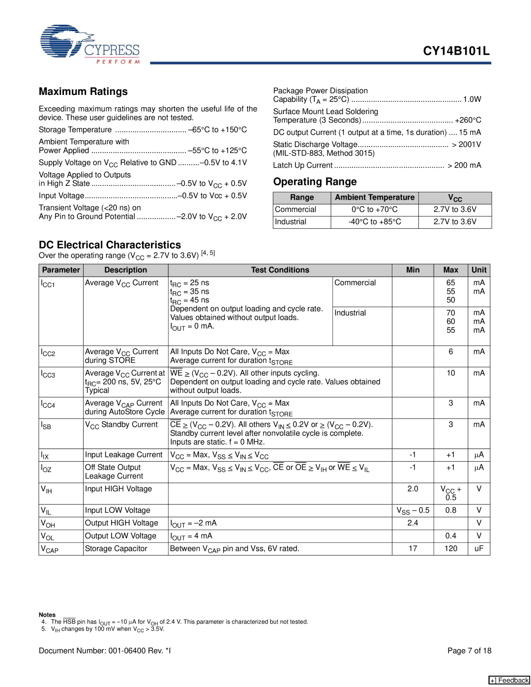 Cypress CY14B101L manual Maximum Ratings, Operating Range, DC Electrical Characteristics, Range Ambient Temperature 