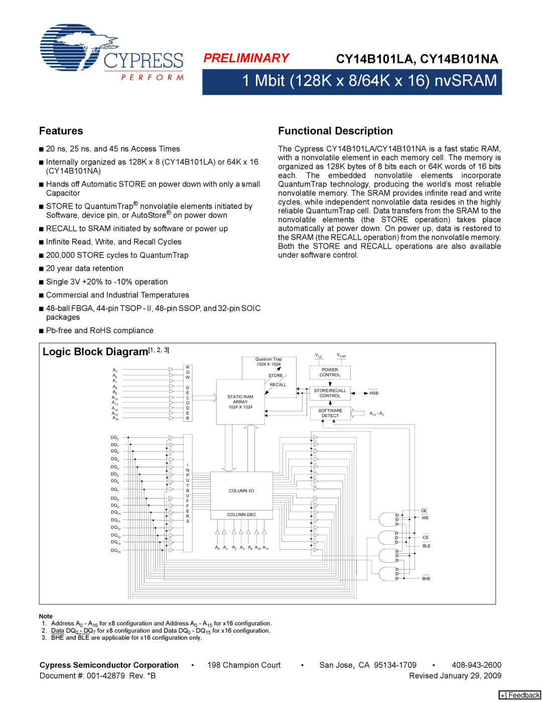 Cypress CY14B101NA manual Features, Functional Description, Logic Block Diagram1, 2, Cypress Semiconductor Corporation 