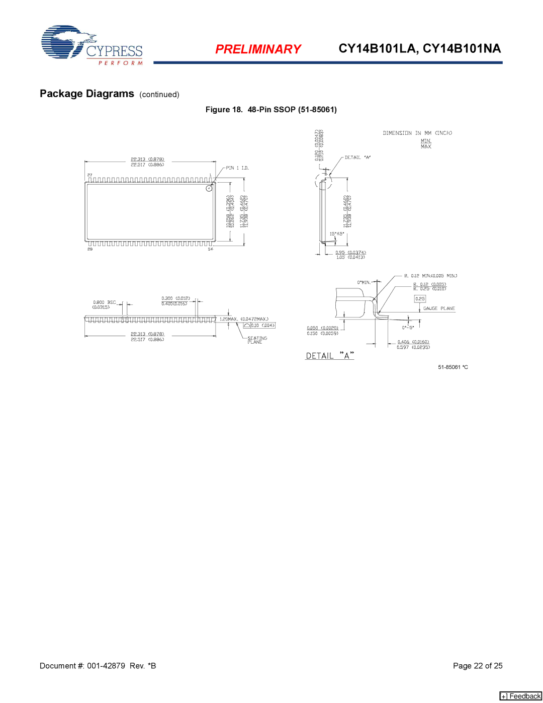 Cypress CY14B101LA, CY14B101NA manual Pin Ssop 