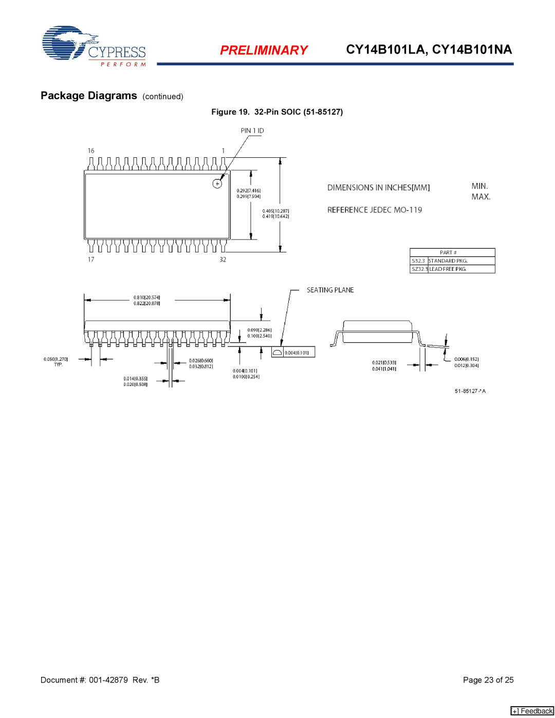 Cypress CY14B101NA, CY14B101LA manual Pin Soic 