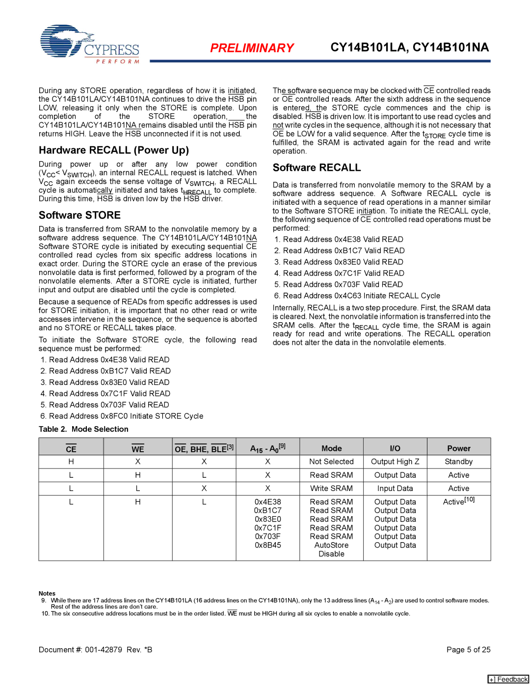 Cypress CY14B101NA manual Hardware Recall Power Up, Software Store, Software Recall, Mode Selection, A15 A09 Mode Power 