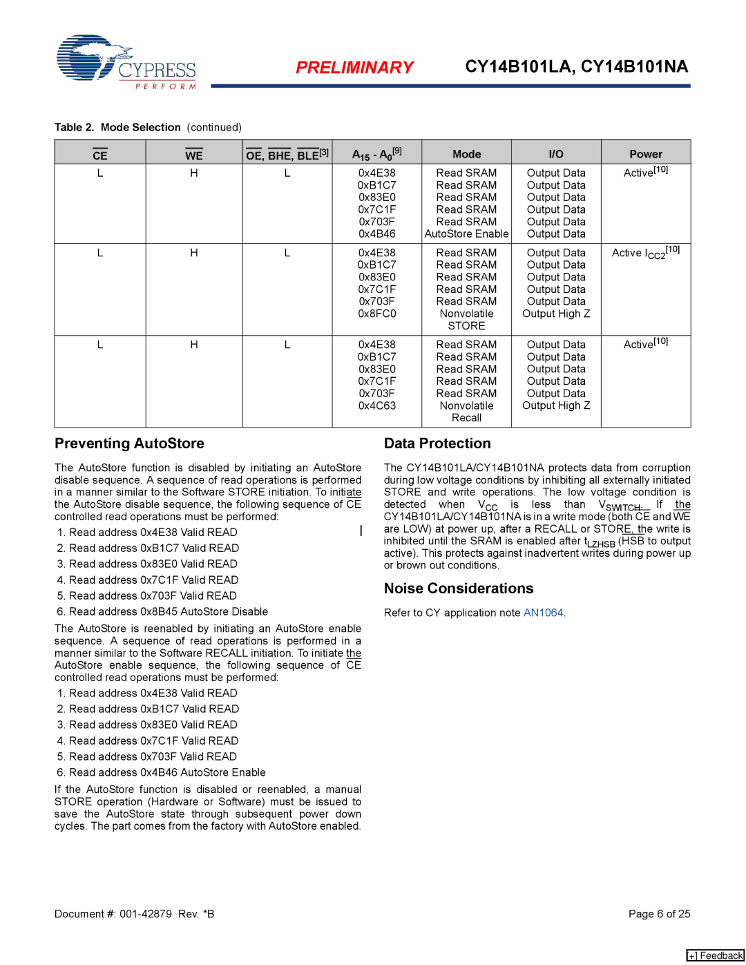 Cypress CY14B101LA, CY14B101NA manual Preventing AutoStore, Data Protection, Noise Considerations, Mode Selection A15 A09 