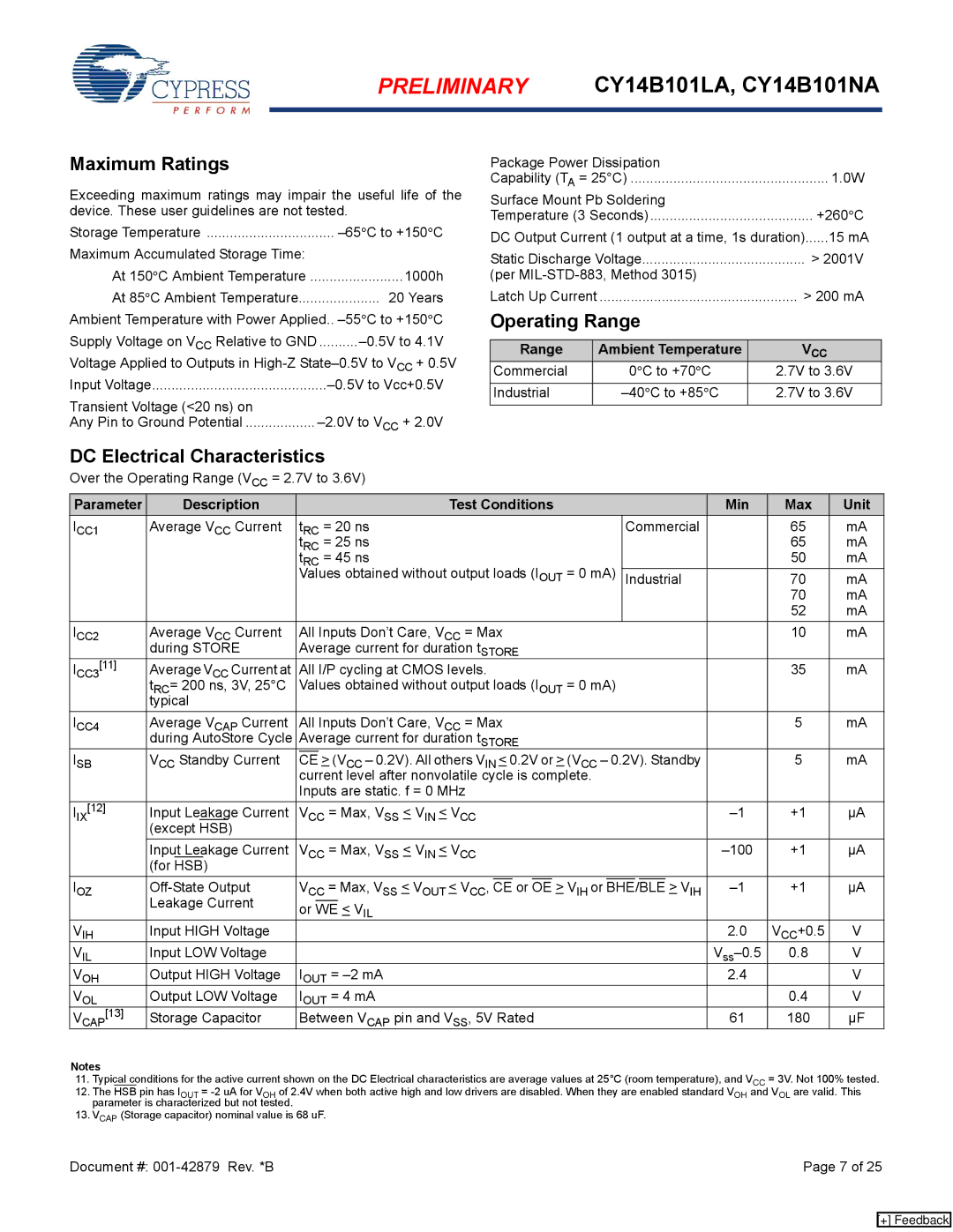 Cypress CY14B101NA, CY14B101LA manual Maximum Ratings, Operating Range, DC Electrical Characteristics 