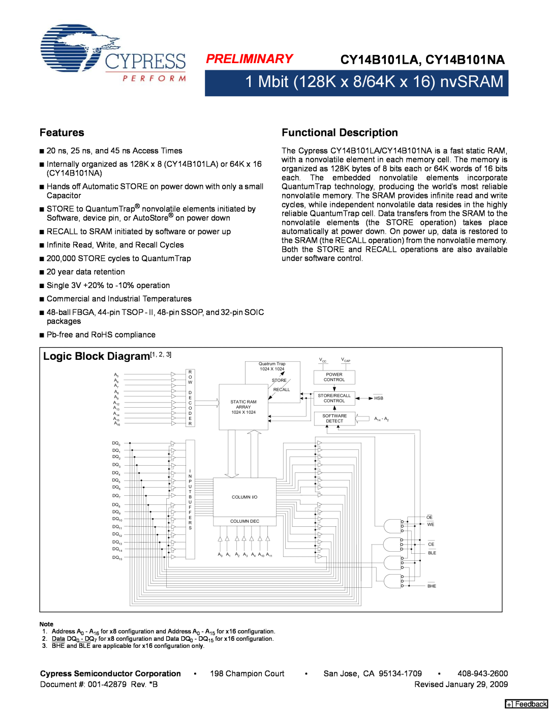 Cypress manual PRELIMINARY CY14B101LA, CY14B101NA, Features, Functional Description, Logic Block Diagram1, 2 