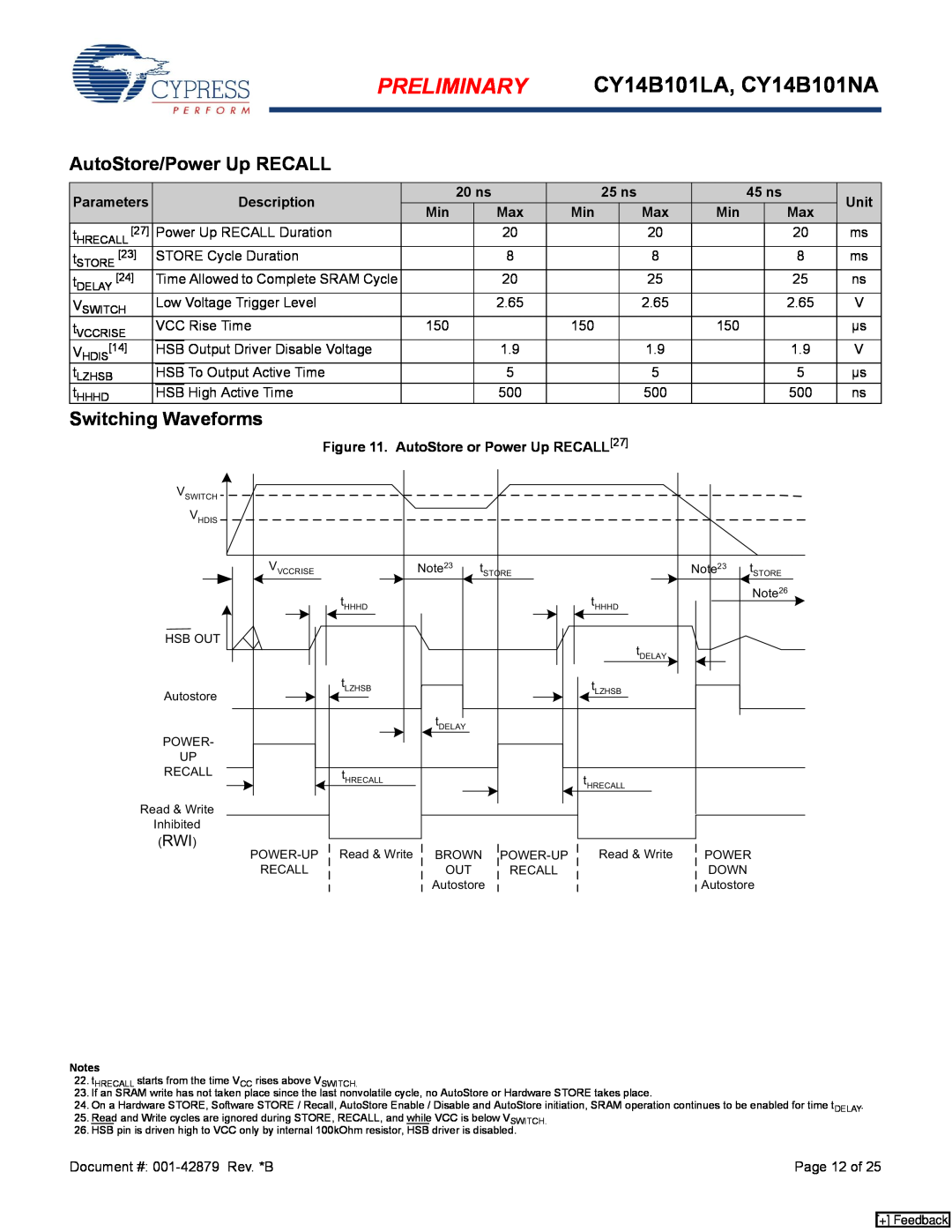 Cypress manual AutoStore/Power Up RECALL, Preliminary, CY14B101LA, CY14B101NA, Switching Waveforms 