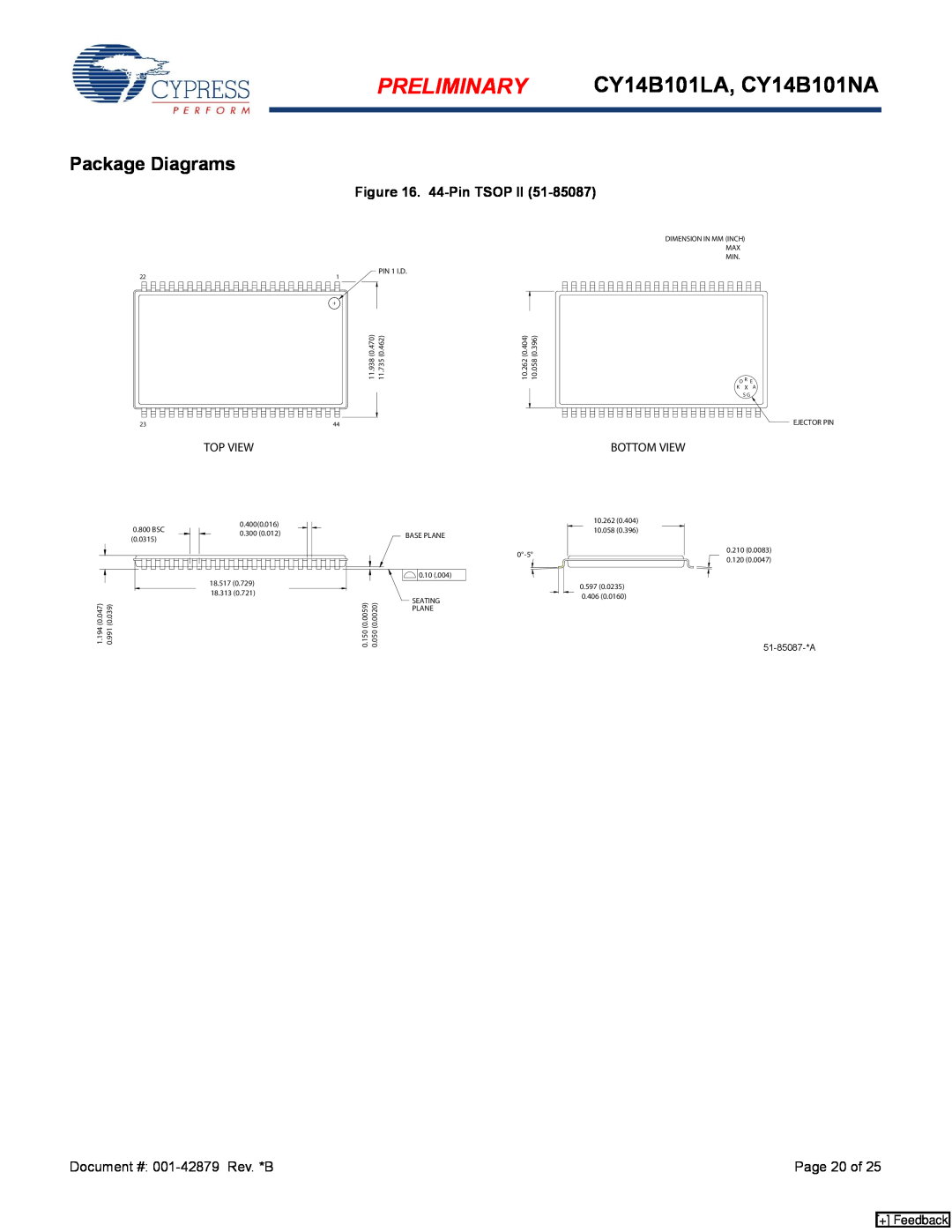 Cypress manual Package Diagrams, PRELIMINARY CY14B101LA, CY14B101NA, 44-Pin TSOP II, + Feedback 