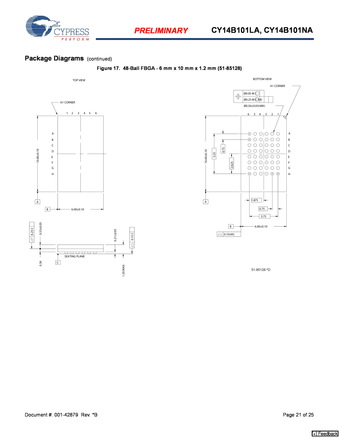 Cypress manual Package Diagrams continued, PRELIMINARY CY14B101LA, CY14B101NA, 48-Ball FBGA - 6 mm x 10 mm x 1.2 mm 
