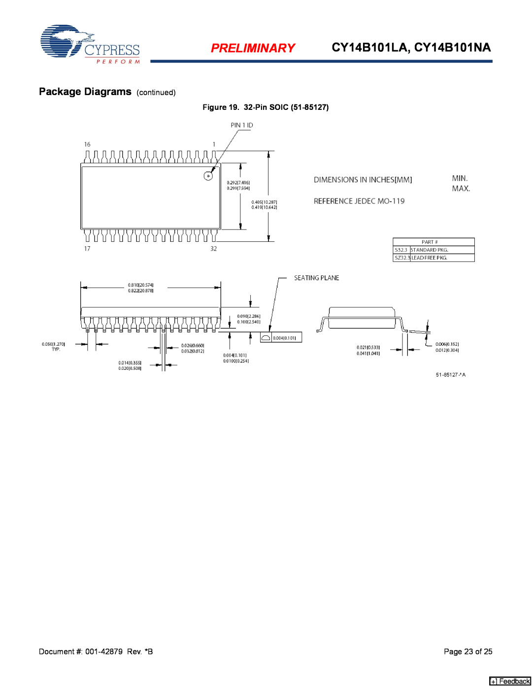 Cypress manual PRELIMINARY CY14B101LA, CY14B101NA, Package Diagrams continued, 32-Pin SOIC, Page 23 of, + Feedback 