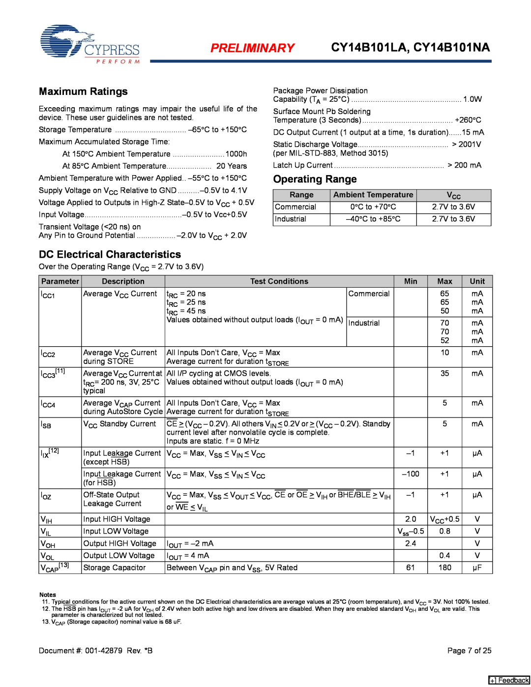 Cypress manual Maximum Ratings, Operating Range, DC Electrical Characteristics, PRELIMINARY CY14B101LA, CY14B101NA 