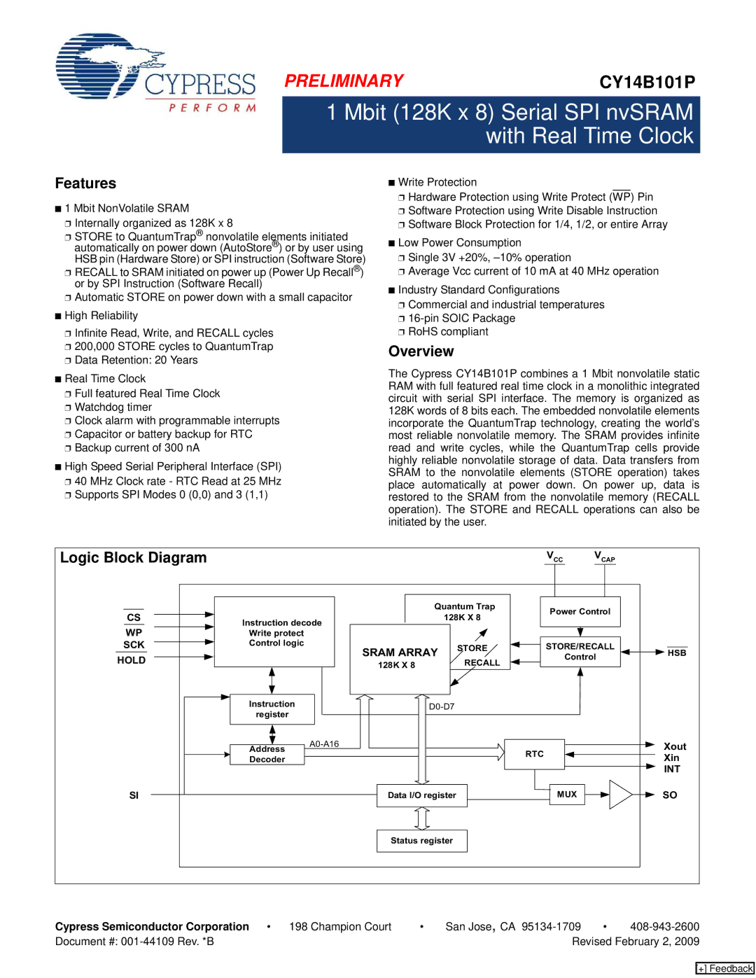 Cypress CY14B101P manual Features, Overview, Logic Block Diagram, Sram Array 